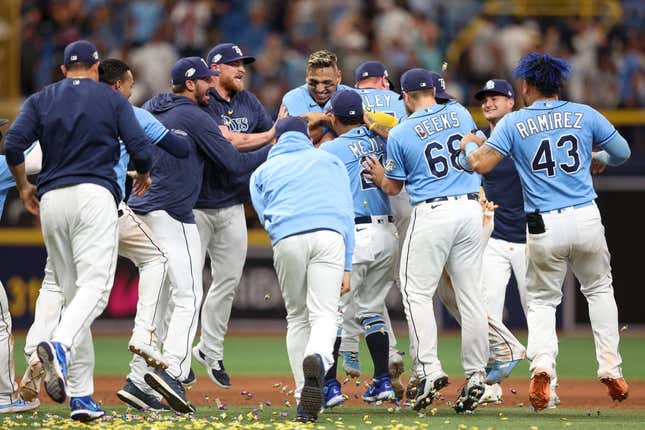 May 7, 2023; St. Petersburg, Florida, USA;  Tampa Bay Rays third baseman Isaac Paredes (17) celebrates after a walk off hit against the New York Yankees in the tenth inning at Tropicana Field.