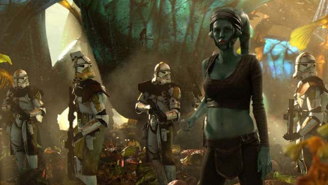 A screenshot shows an alien woman surrounded by clone troopers. 
