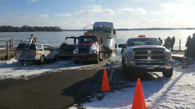 Image for article titled Watching A 45-Ton Boat Get Pulled Out Of A Frozen Lake Will Ruin The Rest Of Your Day