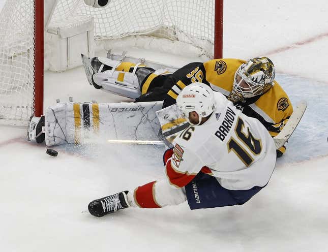 Apr 19, 2023; Boston, Massachusetts, USA; Boston Bruins goaltender Linus Ullmark (35) makes a save on Florida Panthers center Aleksander Barkov (16) on a shorthanded breakaway during the first period of game two of the first round of the 2023 Stanley Cup Playoffs at TD Garden.