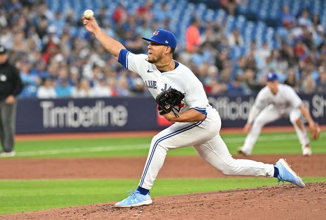 Apr 14, 2023; Toronto, Ontario, CAN;   Toronto Blue Jays starting pitcher Jose Berrios (17) delivers a pitch against the Tampa Bay Rays in the second inning at Rogers Centre.