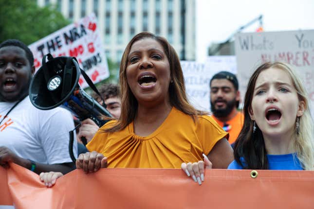 NEW YORK, NY - JUNE 11: Attorney General New York Leticia James attends a gathering around the Cadman Plaza during the ‘March For Our Lives’ demonstration to protest gun violence as they march on Brooklyn Bridge to Manhattan in New York City, United States on June 11, 2022. 