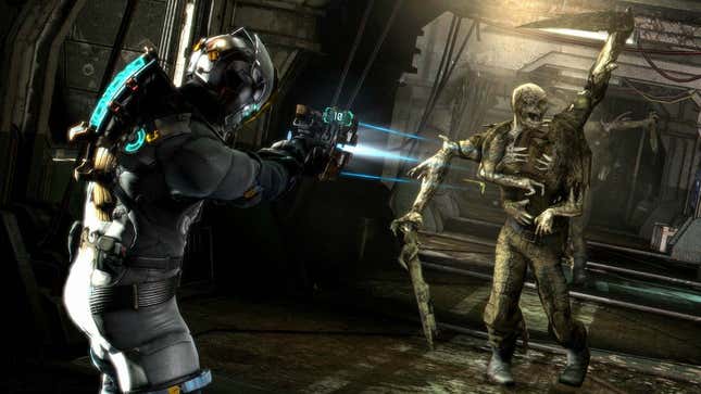 Issac aims a large sci-fi weapon at a zombie in a space station. 