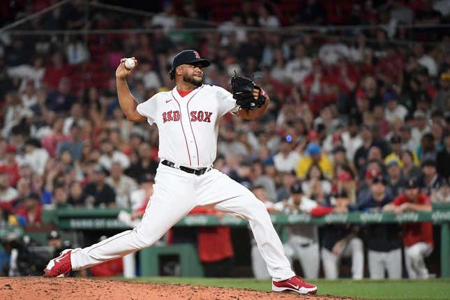 May 12, 2023; Boston, Massachusetts, USA; Boston Red Sox relief pitcher Kenley Jansen (74) pitches against the St. Louis Cardinals during the ninth inning at Fenway Park.
