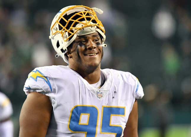 Nov 7, 2021; Philadelphia, Pennsylvania, USA; Los Angeles Chargers defensive end Christian Covington (95) walks off the field after win against the Philadelphia Eagles at Lincoln Financial Field.