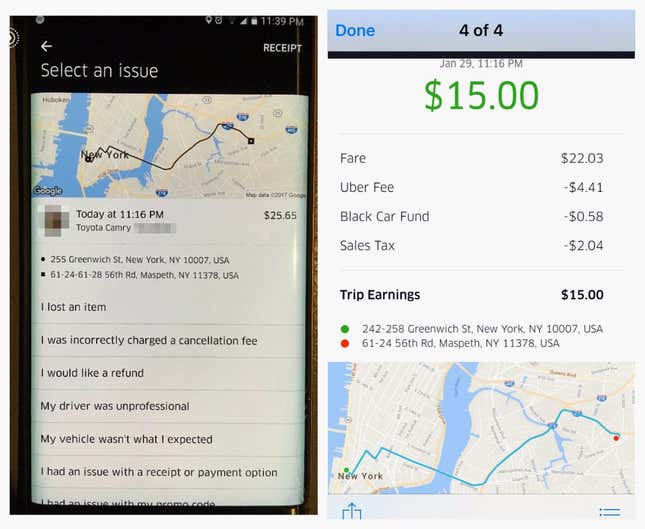 The passenger (left) paid $25.65 for this trip, while the driver (right) saw the fare as $22.03. After Uber’s fee and other deductions, the driver earned $15.00.