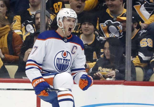 Feb 23, 2023; Pittsburgh, Pennsylvania, USA; Edmonton Oilers center Connor McDavid (97) reacts after scoring a goal against the Pittsburgh Penguins during the first period at PPG Paints Arena.