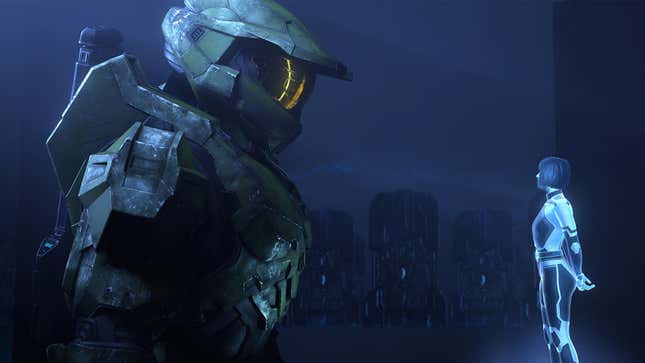 Master Chief stares at the Weapon, an artificial intelligence unit in Halo Infinite.