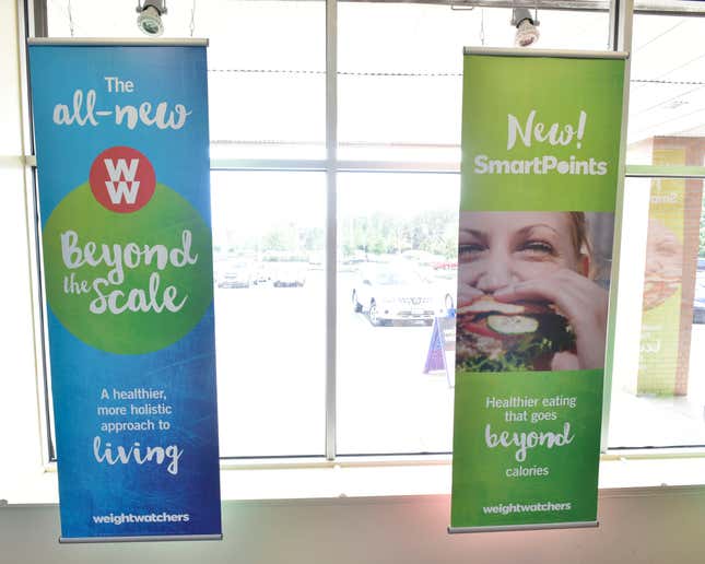 Weight Watchers logo displayed at a Weight Watchers meeting room and store location in Staten Island, New York. on June 28, 2016 in New York City.