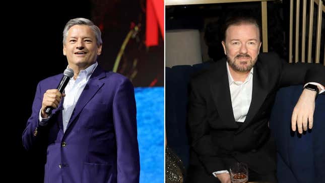 Left: Netflix co-CEO Ted Sarandos (Emma McIntyre/Getty Images for Netflix), Right: Ricky Gervais (Arnold Turner/Getty Images for Netflix)