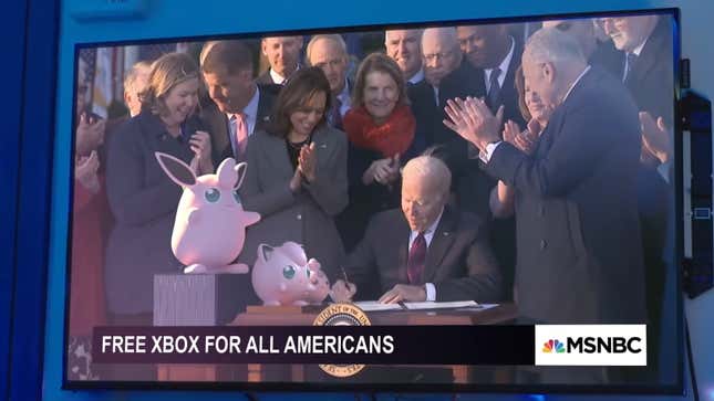 Joe Biden and a Jigglypuff sign in legislation to gives free Xboxes to all Americans.