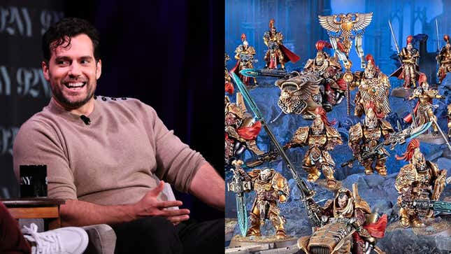 El actor Henry Cavill junto a una foto de miniaturas de Warhammer 40K