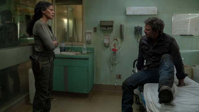 Marlene and Joel are seen talking in a hospital room with Joel sitting on a bed.