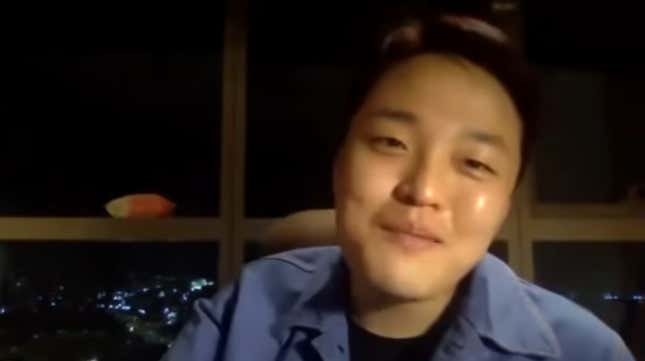 Do Kwon smiling at the camera amid a backdrop during an older customer call posted to YouTueb