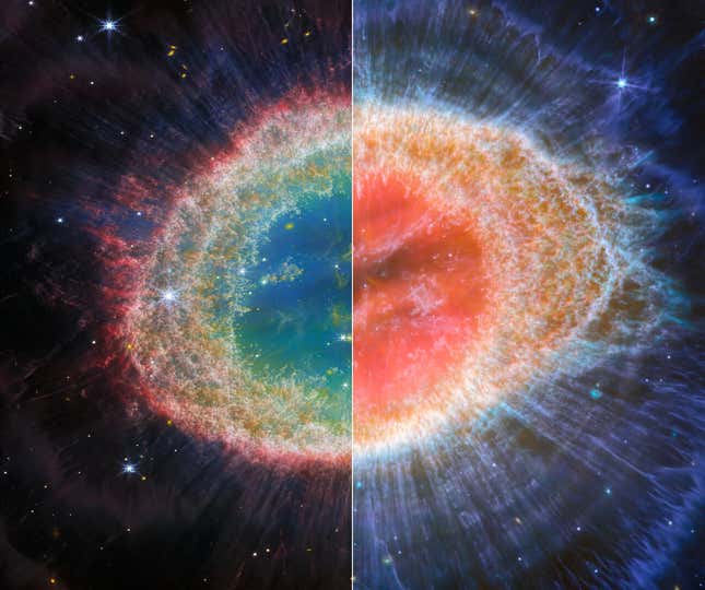 A diptych combining the NIRCam (left) and MIRI (right) images of the nebula.