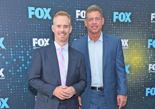 Joe Buck (l.) and Troy Aikman are latest broadcasters caught in revealing hot mic incident. 
