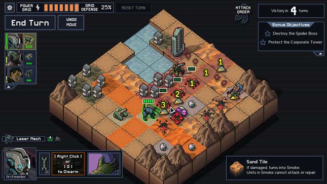 A robot prepare to shoot three spiders in a desert in Into the Breach.