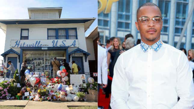 (L-R): People gather near a memorial for Michael Jackson on the front lawn of Hitsville U.S.A., the Motown Museum in Detroit, on Saturday, June 27, 2009. ; Tip ‘T.I.’ Harris attends the premiere of Disney And Marvel’s ‘Ant-Man And The Wasp’ on June 25, 2018 in Hollywood, California. 