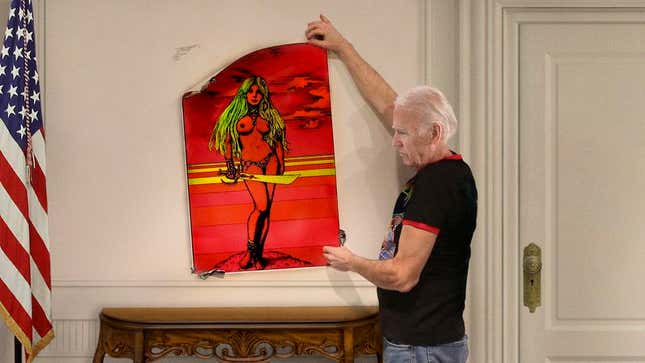 Image for article titled Tearful Biden Carefully Takes Down Blacklight Poster Of Topless Barbarian Chick From Office Wall