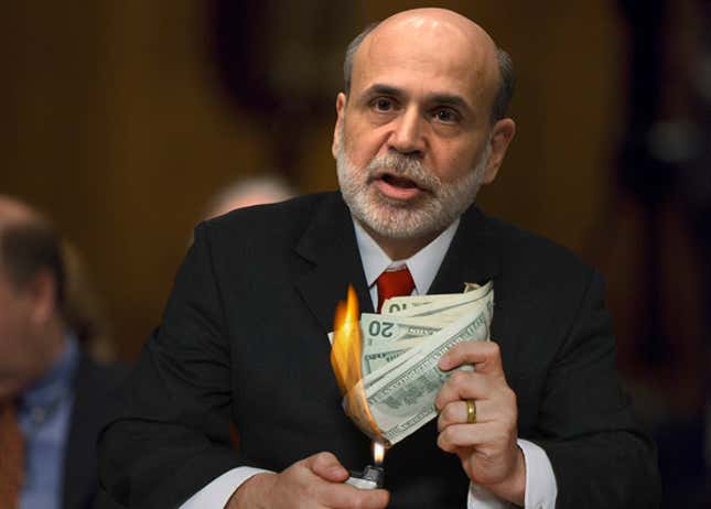 Calling it "basically no more than five rectangular strips of paper," Fed chairman Ben Bernanke illustrates how much "$200" is actually worth.