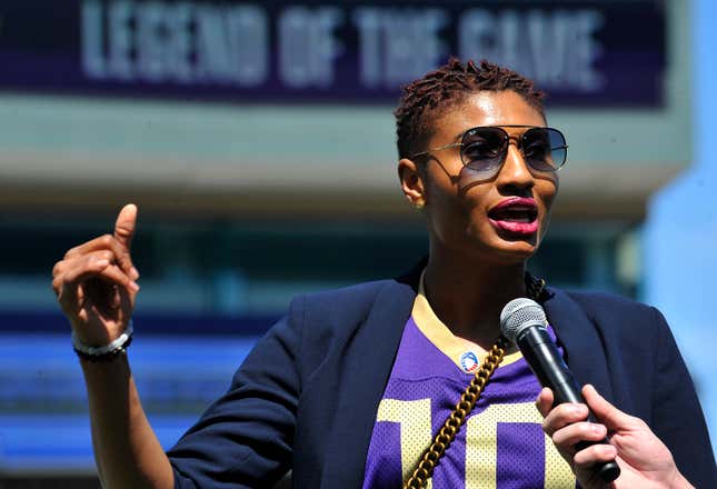 Atlanta Dream player Angel McCoughtry attends an Alliance of American Football game between the Orlando Apollos and the Atlanta Legends at Georgia State Stadium on March 23, 2019 in Atlanta, Georgia.