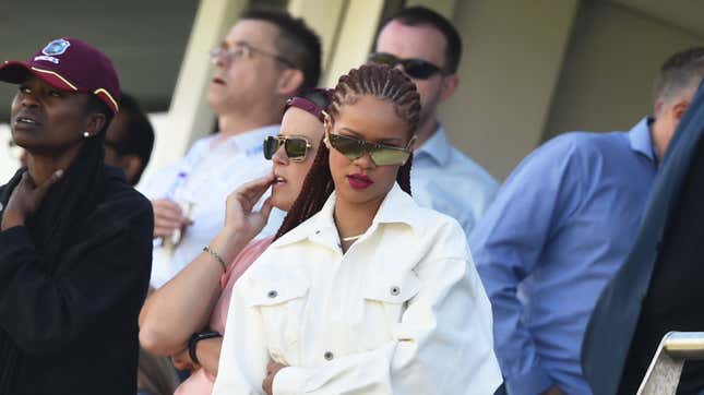 Rihanna watches during the Group Stage match of the ICC Cricket World Cup 2019 between Sri Lanka and West Indies on July 01, 2019 in Chester-le-Street, England.
