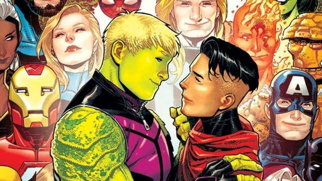 Hulkling and Wiccan staring at one another lovingly.
