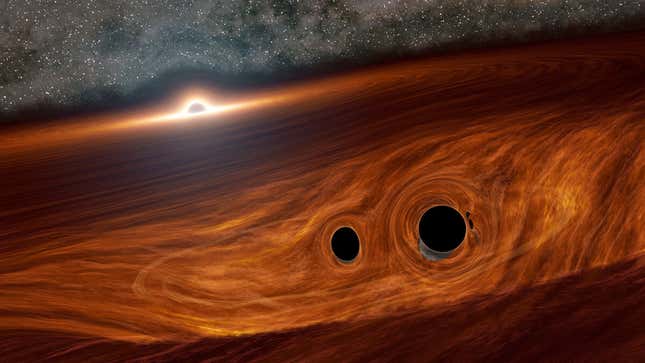 Conceptual image of two black holes on the cusp of merging, situated within the gaseous disk of a nearby supermassive black hole (the bright spot in the background).