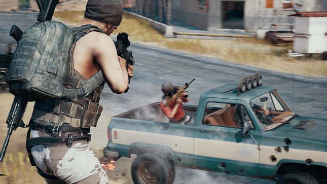 A player opens fire on other players in a pickup truck.