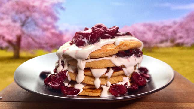 Image for article titled Cherry Cheesecake Pancakes bump dessert up to breakfast