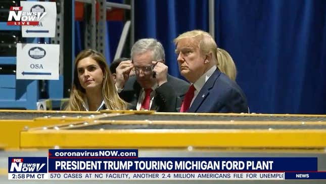 The president touring a Ford plant in Michigan without a mask on May 21, 2020.