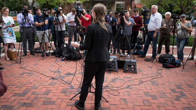Former Army intelligence analyst Chelsea Manning speaks with reporters, after arriving at the federal courthouse in Alexandria, Va., Thursday, May 16, 2019. Manning spoke about the federal court’s continued attempts to compel her to testify in front of a grand jury.