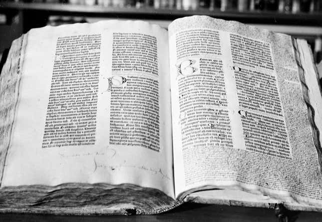 Two pages of the genuine Gutenberg bible, printed in 1455 or ‘56, is pictured in Kassel, Germany, 1975.