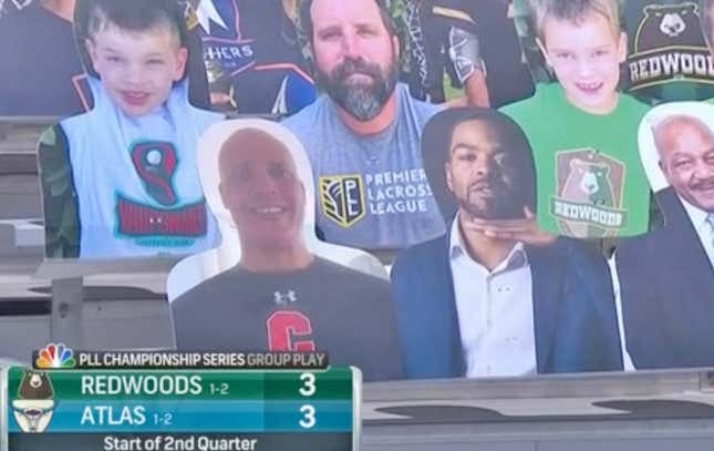 NBC cameras caught the rapper’s cardboard likeness checking out a PLL match.
