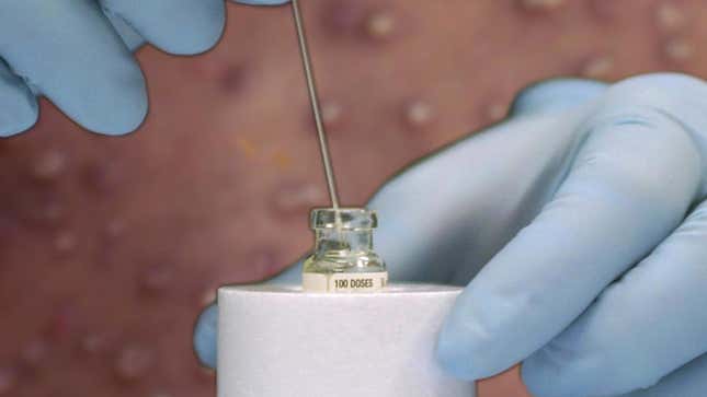 A vial of smallpox vaccine overlaid on a photo of the virus’s effects.