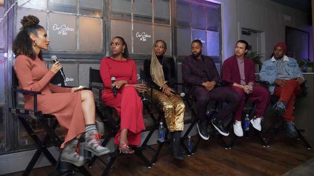 (L-R) Elaine Welteroth, Issa Rae, Yvonne Orji, Jay Ellis, Alexander Hodge and Prentice Penny speak at the Lowkey “Insecure” Dinner presented by Our Stories to Tell on Jan. 25, 2020, in Park City, Utah. 