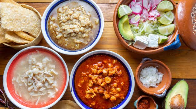Bowls containing pozole ingredients