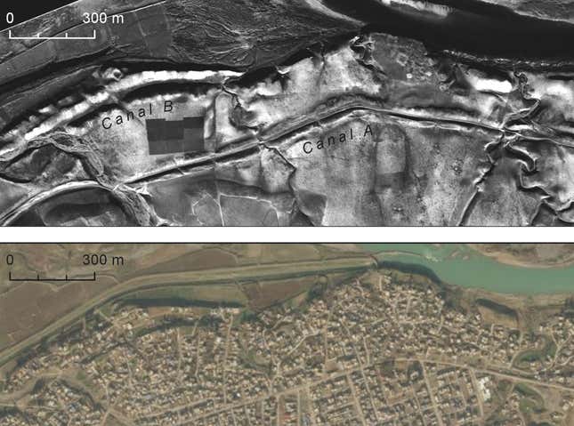 An ancient canal system as seen by the U2 spy planes (top), and how the same area appears today (bottom).