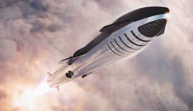 Imagen conceptual que muestra Starship sobre su propulsor Super Heavy.