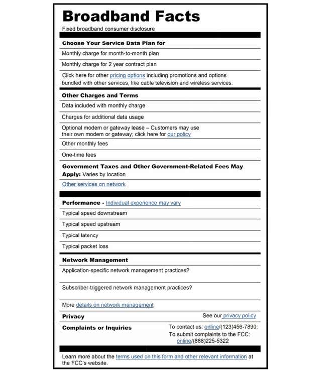 A blank “Fixed Broadband Consumer Disclosure” label designed by FCC’s Consumer Advisory Committee circa 2016.