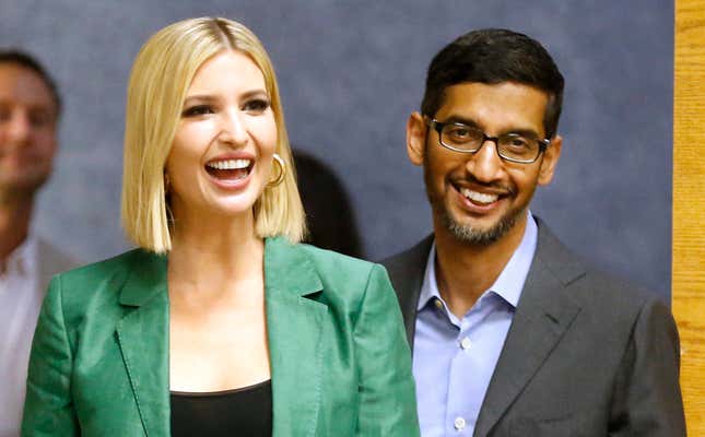 White House advisor Ivanka Trump and the CEO of Google, Sundar Pichai, arrive for a roundtable discussion focusing on assisting American workers for the changing economy on October 3, 2019, in Dallas, Texas.