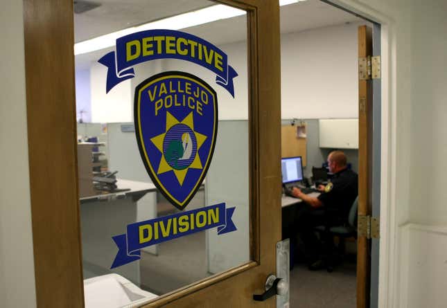 A Vallejo Police Department detective works on his computer at the police headquarters on May 7, 2008, in Vallejo, California. 