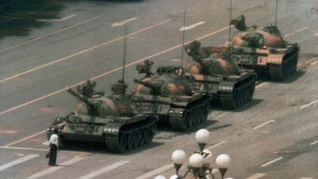 The famous “Tank Man” photo, taken during the pro-democracy protests in Tiananmen Square on June 5, 1989