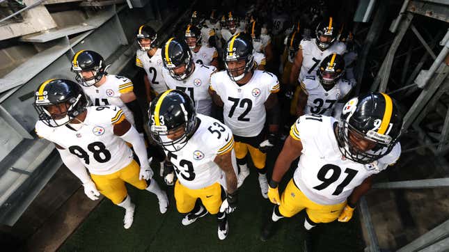 Here we see the Pittsburgh Steelers, who are about to play a fully-sanctioned game of football despite multiple positive COVID tests on both sides.