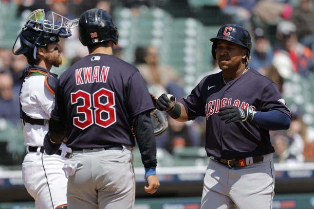 Apr 19, 2023; Detroit, Michigan, USA;  Cleveland Guardians third baseman Jose Ramirez (11) celebrates with Guardians left fielder Steven Kwan (38) after hitting a three run home run in the sixth inning against the Detroit Tigers at Comerica Park.