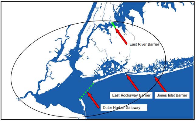 Schematic diagram showing the ‘circle of protection’ for the potential outer harbor and coastal storm-surge barriers.