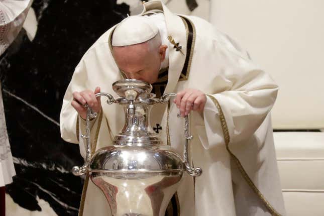 The Pope blessing some oil in April 2021. This is not the oil that Charles will be anointed with, but I feel like this photo gives you a sense of chrism oil’s whole deal.