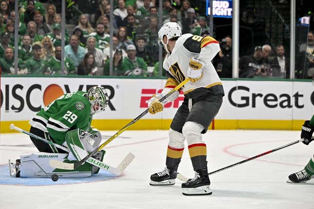 May 25, 2023; Dallas, Texas, USA; Dallas Stars goaltender Jake Oettinger (29) stops a breakaway shot by Vegas Golden Knights center Jack Eichel (9) during the second period in game four of the Western Conference Finals of the 2023 Stanley Cup Playoffs at American Airlines Center.
