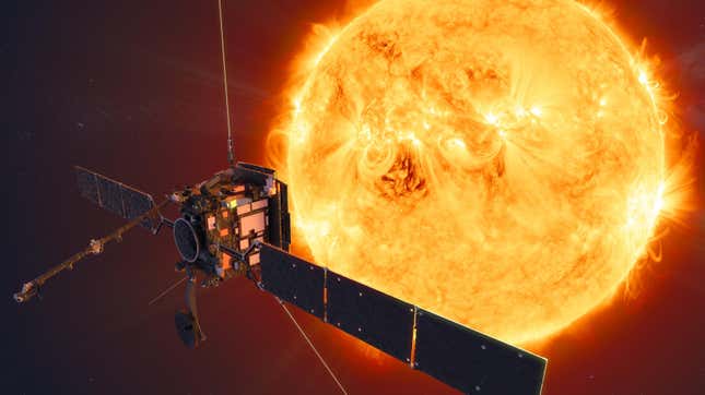 The cubic Solar Orbiter (bottom left) peers at the Sun (top right) in this artist's impression.