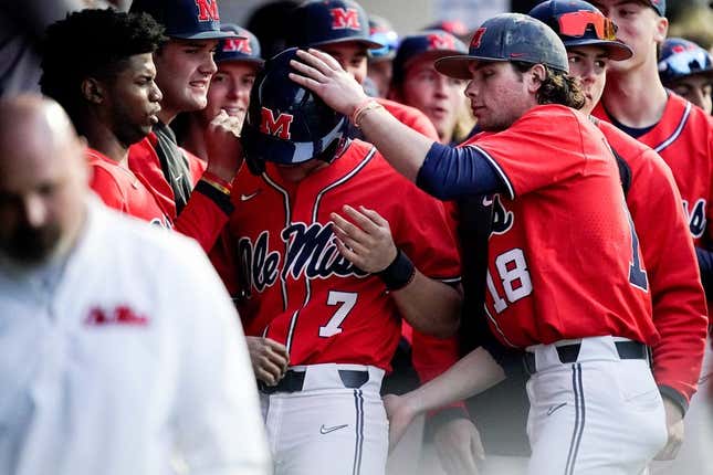 Ole Miss shortstop Jacob Gonzalez (7) reacts after scoring against Vanderbilt on a single hit by Ole Miss catcher Calvin Harris during the third inning at Hawkins Field in Nashville, Tenn., Thursday, March 16, 2023.

Vandy Olemiss Base 031623 An 012